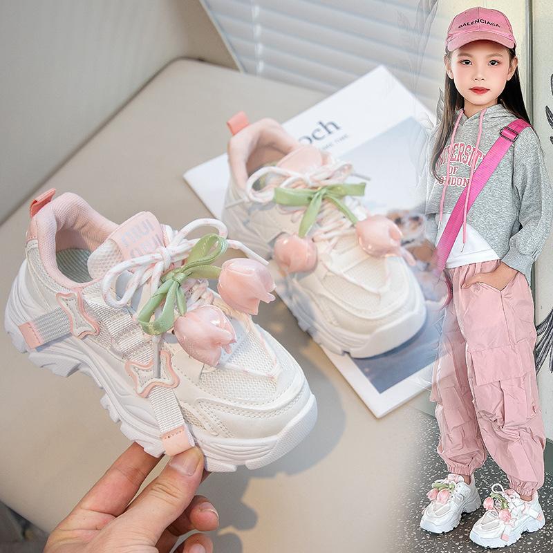 Girls Sneakers Tulip Flower Breathable Dad Shoes 2025 Spring and Autumn New Girls Mesh Casual White Shoes