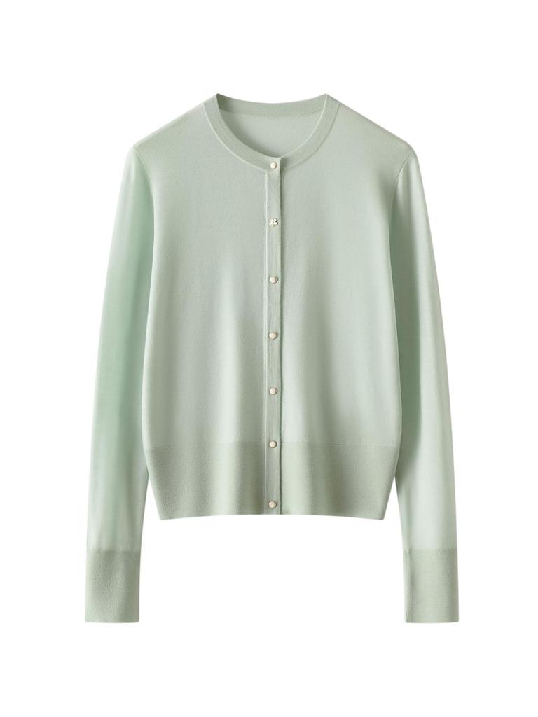 Women's Merino Wool Cardigan - Lightweight, Solid Color, Round Neck, Ideal for Spring & Summer.