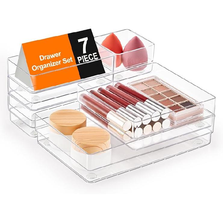 SMARTAKE 7-Piece Drawer Organizer with Non-Slip Silicone Pads, 4-Size Desk Drawer Organizer Trays Storage Tray for Makeup, Jewelries, Utensils in 7 PCS