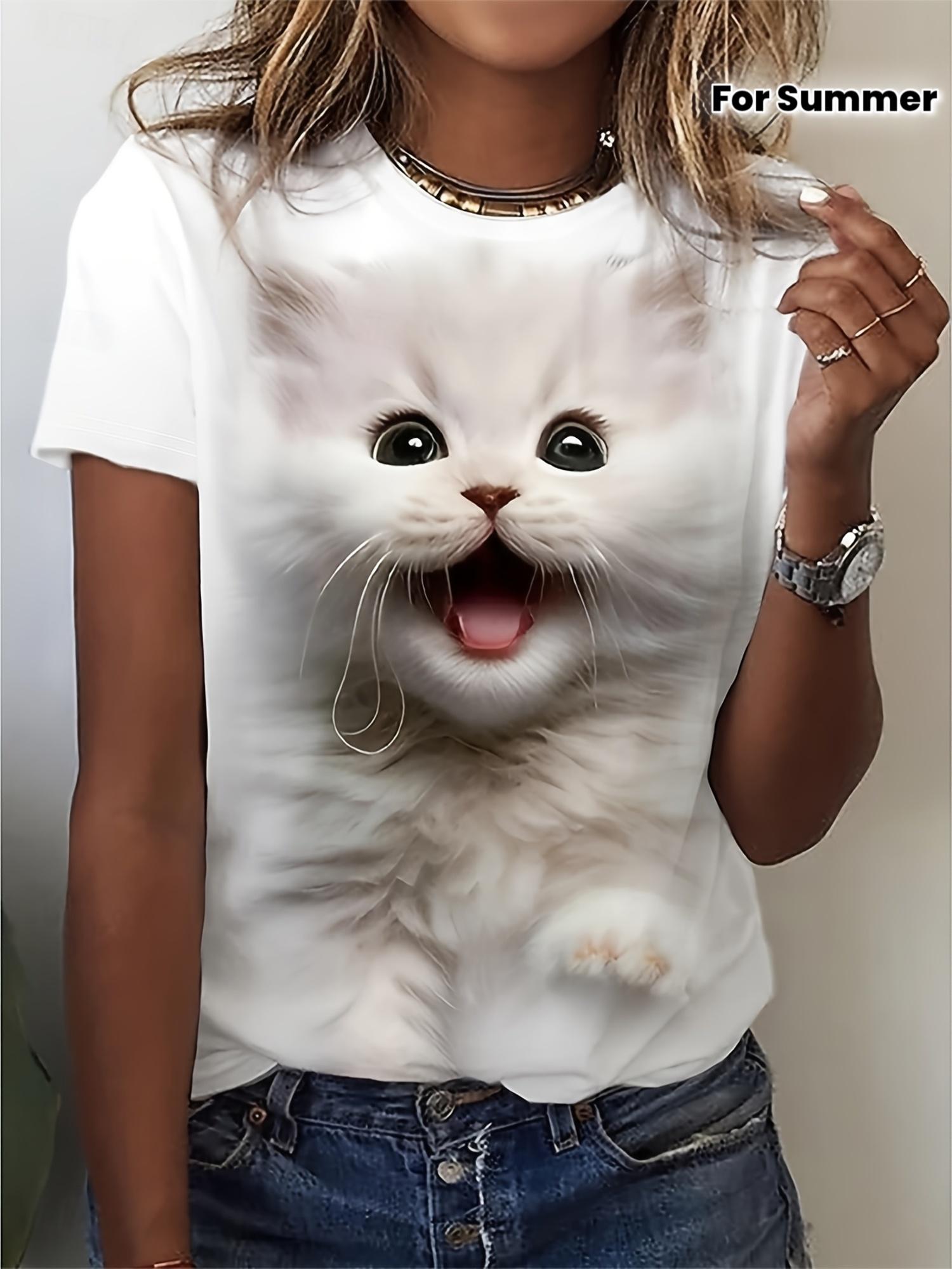 

Women S Casual Animal Print T-Shirt. Round Neck Short Sleeve Loose Fit. Lightweight 180gm2. Polyester Knit Fabric. Cute Cat Graphic Tee for Summer L дубильная кора
