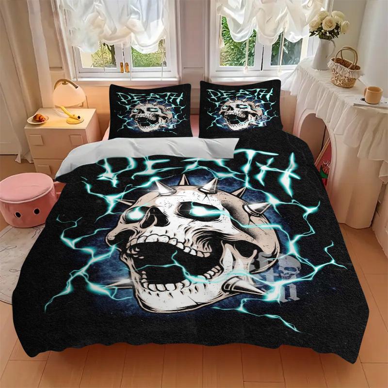 3pcs Death Metal Skull with Electric Lightning - Anime Cartoon Design Bedding Set, Includes One Quilt Cover and Two Pillowcases (No Core), P