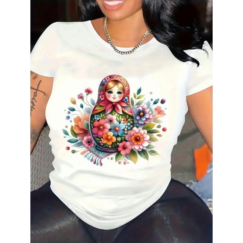 Women's Russian Matryoshka Floral Print T-Shirt White Multicolor Casual Crew Neck Short Sleeve Tee