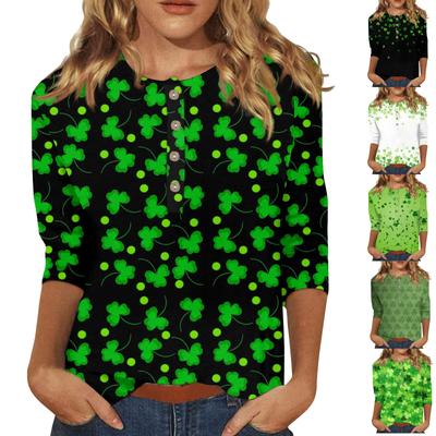 Women's Fashion Casual New Button Round Neck 3/4 Sleeve Loose Printed T-Shirt Ladies Top