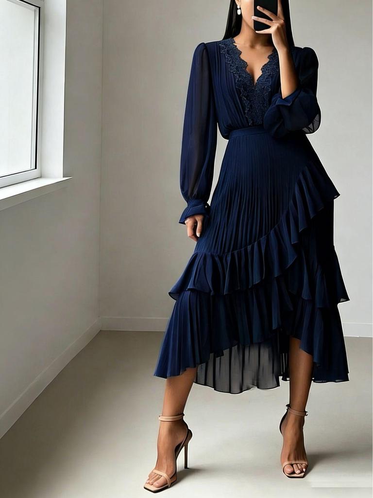 2026 European & American V-neck Long Sleeve Ruffled Pleated Dress for Banquet Parties