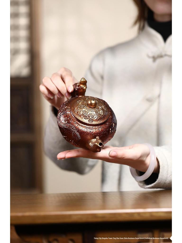 Yixing Artisan Handmade Jinbei Red Stoneware Floral Teapot with Secret Pattern