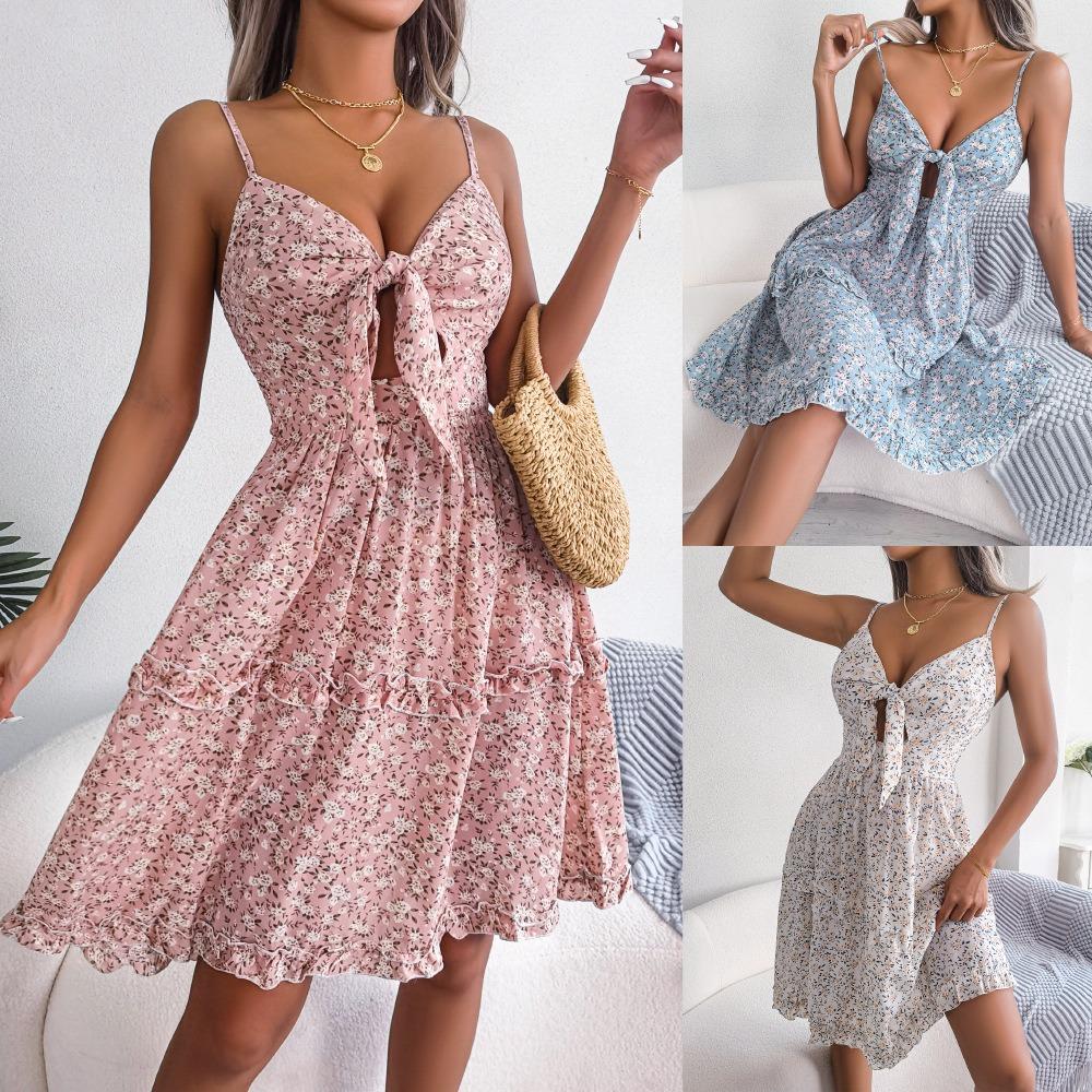 Spring and Summer Floral Bow V-neck Wooden Ear Side Swing Dress Holiday Halter Dresses for Women