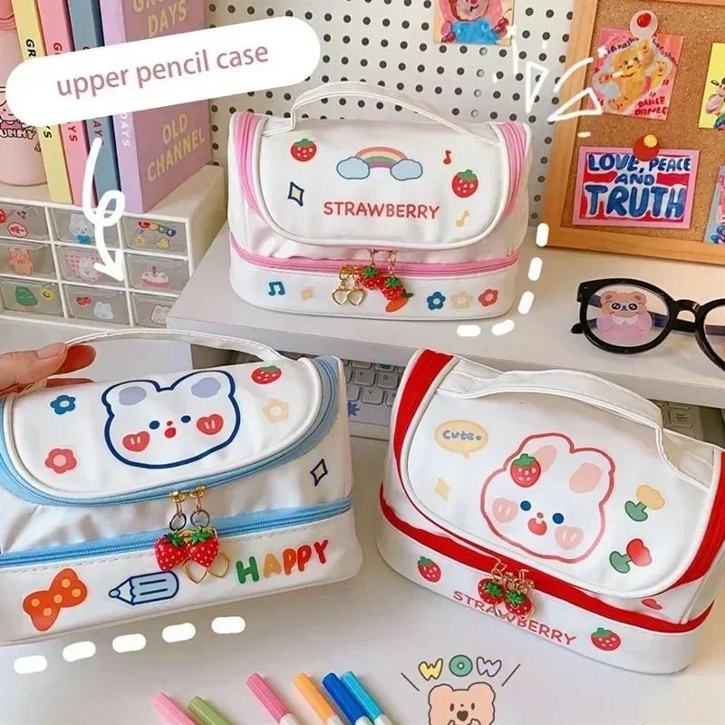 

Cute Pencil Case 2 Layer High Capacity Pen Bag Pouch Free DIY Sticker Korean School Stationery Girl Gift Back To School Supplies синий