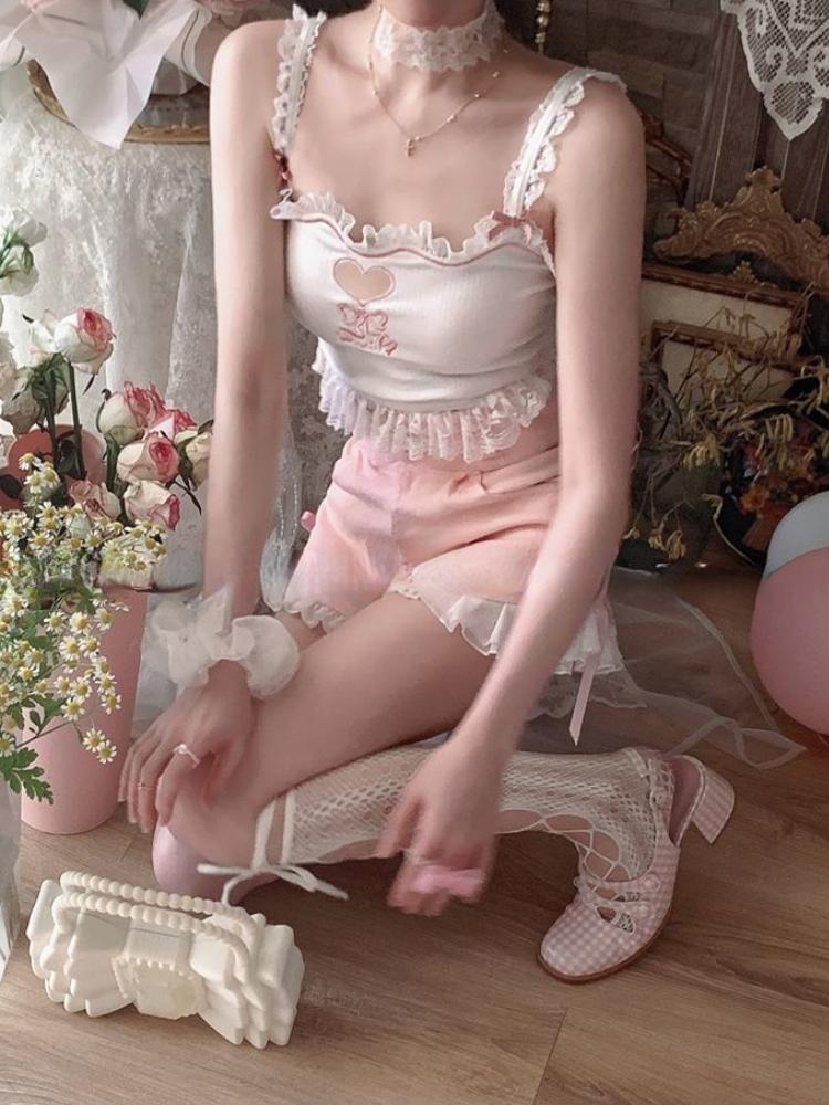 Розовый корейский стиль Kawaii Lolita Vset женский белый японский милый милый топ на бретелях женский синий кружевной сексуальный укороченный топ принцессы Франции новый