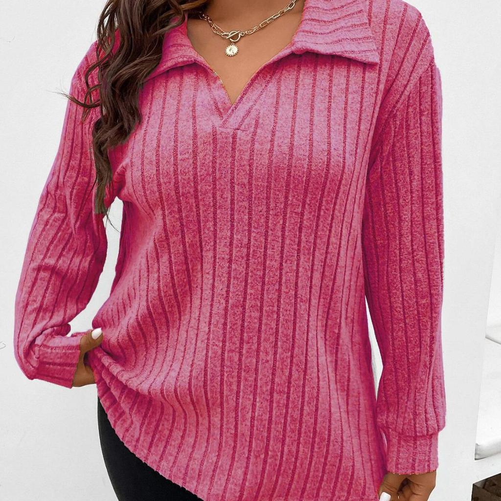 Jesień/Zima 2023 Top z dekoltem w serek, prążkowany, z długim rękawem, w dużych rozmiarach dla kobiet