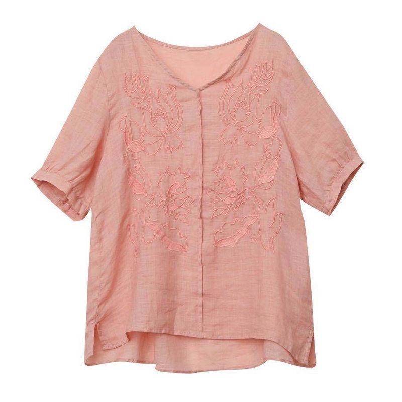 Embroidered Loose V Neck T Shirt Women Summer Thin Breathable Artistic Five Quarter Sleeve Women
