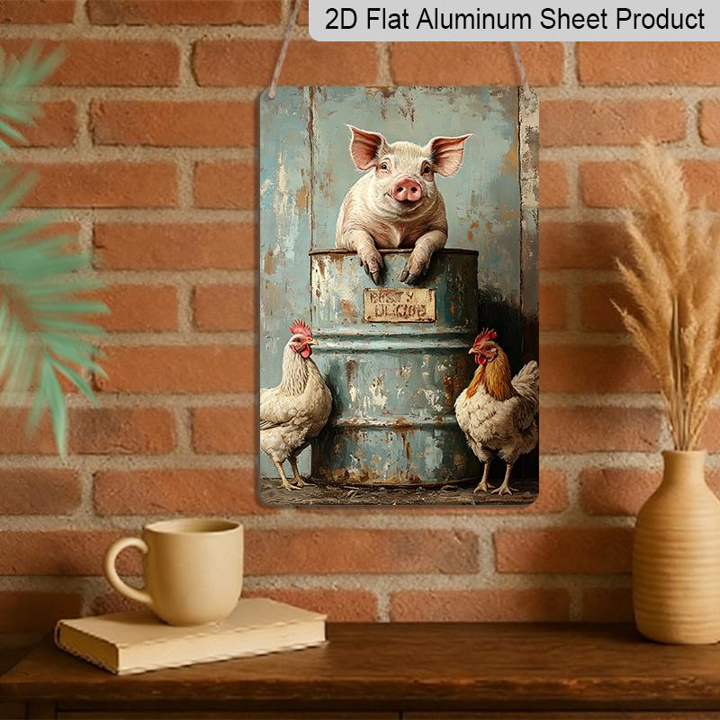 2D Flat, 1pc Rustic Farmhouse Vintage Metal Sign - 8x12 Inch Aluminum Wall Plaque with Whimsical Pig & Chicken Design, No Electricity Needed, Easy