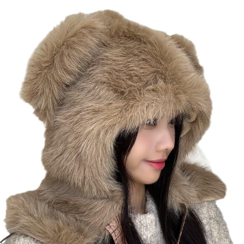Cute Plush Bear Hat for Women In Autumn and Winter Fashion Thickened Warm Ear Protection Hat Scarf Integrated Windproof Lei Feng Hat