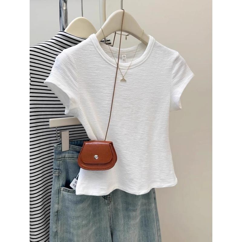 Milk blue texture Korean simple short-sleeved women's T-shirt summer slim-fitting and thin niche foreign style bottoming shirt top