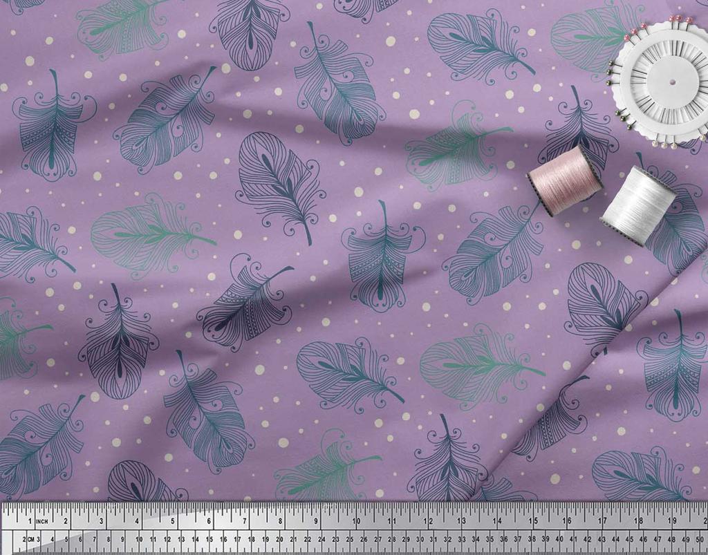 Soimoi Lila Japan Crepe Satin Stoff Künstlerische Feder Stoff Drucke Meterware 42 Zoll