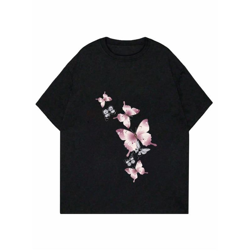 Butterfly Print T Shirt Black Pink Butterflies Casual Wear Women Fashion Top Summer Outfit Streetwear Trendy Loose Fit Style