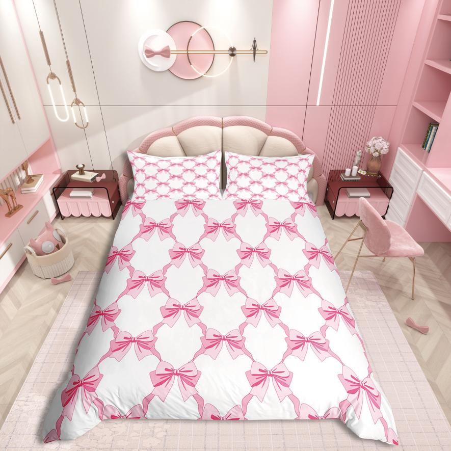 Homewish Cute Bowknot Duvet Cover SetLove Heart Print For Teens Bedding SetDreamy Princess Decor