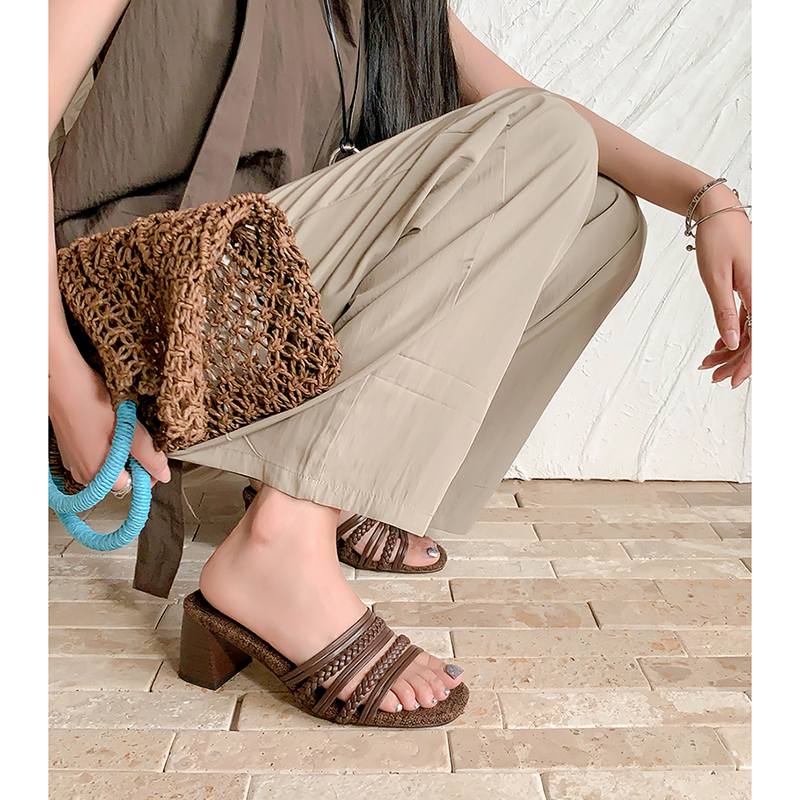 Krazing Pot Straw Weaving Handmade Summer Size 40 Sexy Beauty Dance Shoes Slip On French Chic Chunky Heels Women Peep Toe Sandals