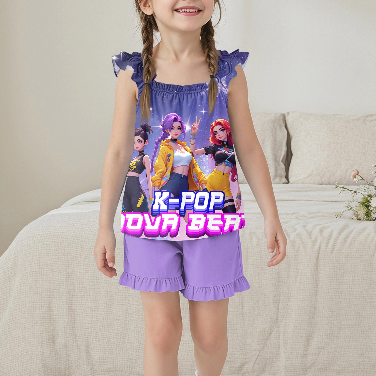 

Girls Sleeveless Top and Shorts Set Casual Loose Fit Lightweight Summer Outfit Comfortable Soft Fabric Printed Design Elastic Waistband 150 фиолетовый