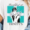 Custom Breakfast At Trinity's T-Shirt Audrey Hepburn Fan Vintage NYC Style Gift for For Her Bridal Party Shower Theme Girls Brunch Shirt