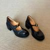 Sheepskin Version~ British Versatile Thick-soled Round-headed Small Leather Shoes for Women's Retro Shallow Mouth One-word Buckle Thick-heeled Mary 