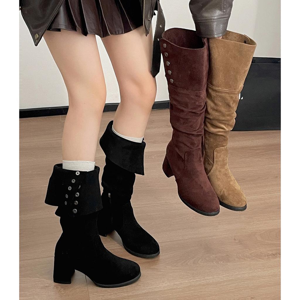 Winter Pointed Toe Suede Women High Boots Belt Buckle Slip On Shoes Concise Thick Heel Knight Long Booties 2025 New