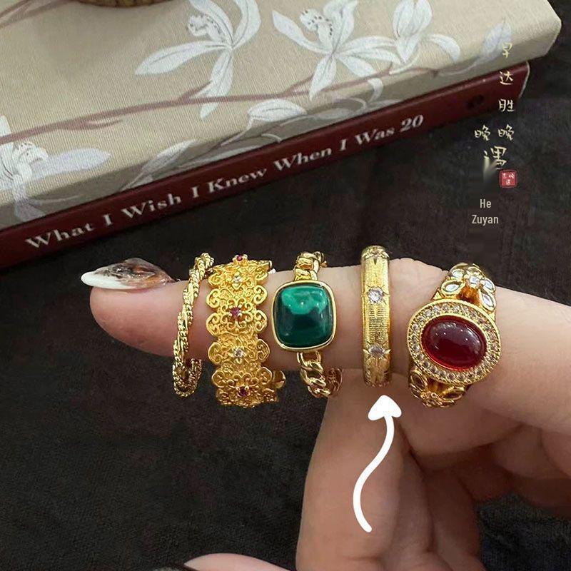 Xiaohongshu-Inspired Emerald and Pigeon Blood Red Jade Ring with Diamonds