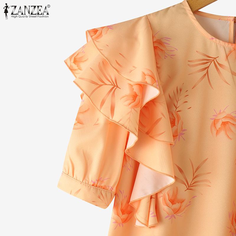 ZANZEA Women Casual Round Neck Ruffles Short Sleeve Loose Print Blouse