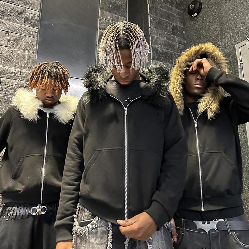 Y2K Zip Up Hoodie Faux Fur Collar Harajuku Rock Goth Top Retro Punk Loose Jacket Hip Hop Streetwear Zipper Hoodie Sweatshirt