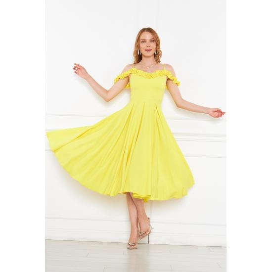 Women's Adjustable Strap Ruffle Detailed Collar Pleated Flared Midi Evening Dress