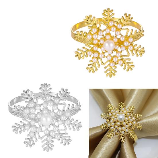 1/2/6Pcs Golden Metal Napkin Ring Faux Pearl Decor Snowflake Design Winter-themed Napkin Holders Weddings Parties Table Decor