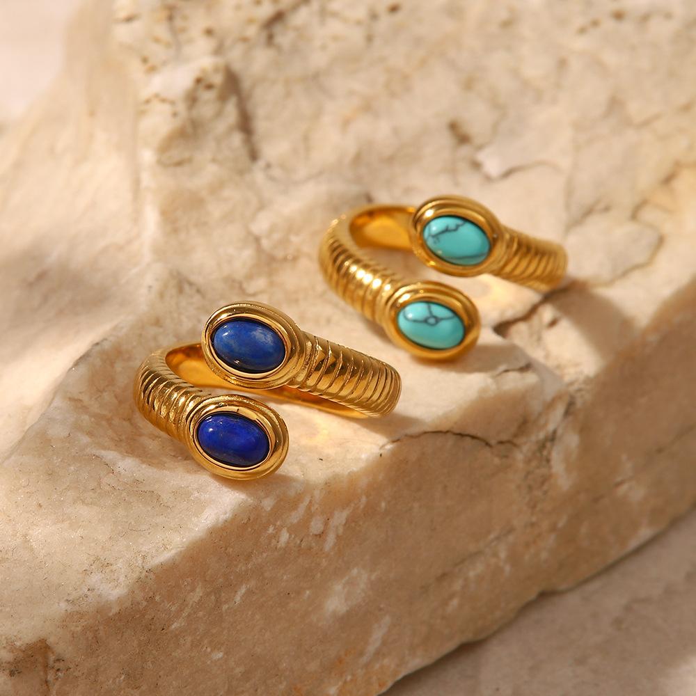 Yori Natural Turquoise Stone Stainless Steel Ring Summer Bohemia Woman Charm Texture Waterproof Jewelry for Women