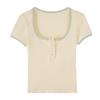 Women's Contrast Square Neck Short Sleeve Cropped T-shirt, Summer 2026 Style, Petite, Slimming, Pure Desire