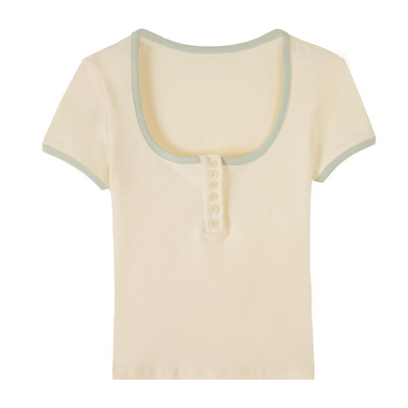 Women's Contrast Square Neck Short Sleeve Cropped T-shirt, Summer 2026 Style, Petite, Slimming, Pure Desire