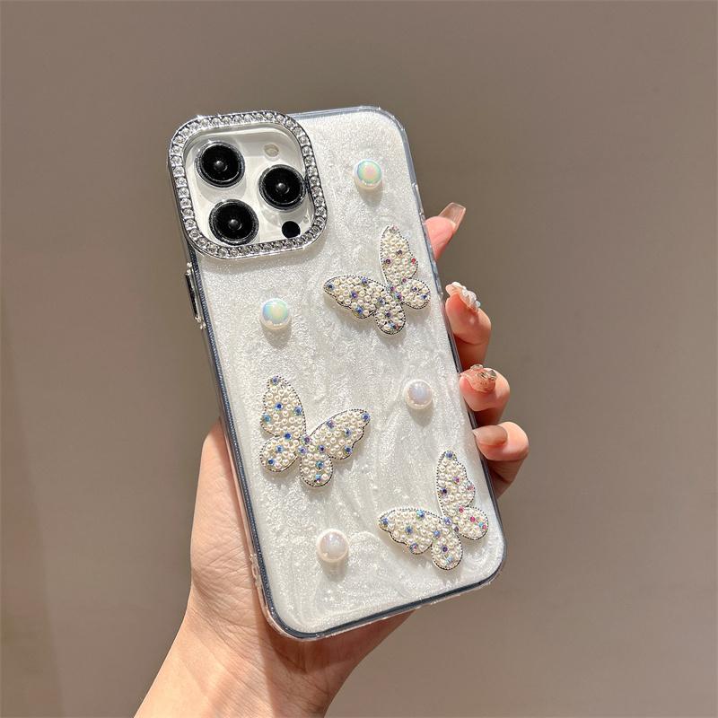 Butterfly PearlGlitter Phone Case for iPhone 17 16 15 14 13 12 11 Pro Max XR XS 7 8 Plus Back Phone Cover Capa
