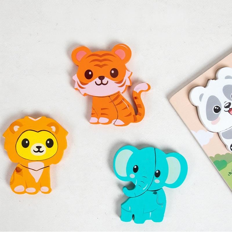 6 Holz 3D Puzzles, Cartoons, Tiere, Früchte, Dinosaurier, Frühe Bildung, Kognitives Lernen, Puzzles, Hand-Auge-Koordination