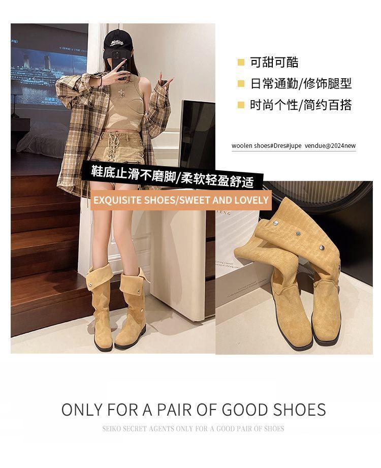 2025 Autumn and Winter New Foot Boots Non-slip Thick Heel Temperament But Knee Boots Solid Color Thin Boots Martin Boots