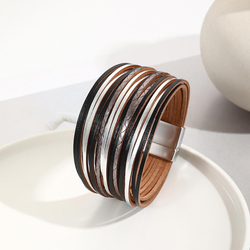 Gradient Multi-Strand Men's and Women's Bracelet with PU Leather Cord and Magnetic Clasp.