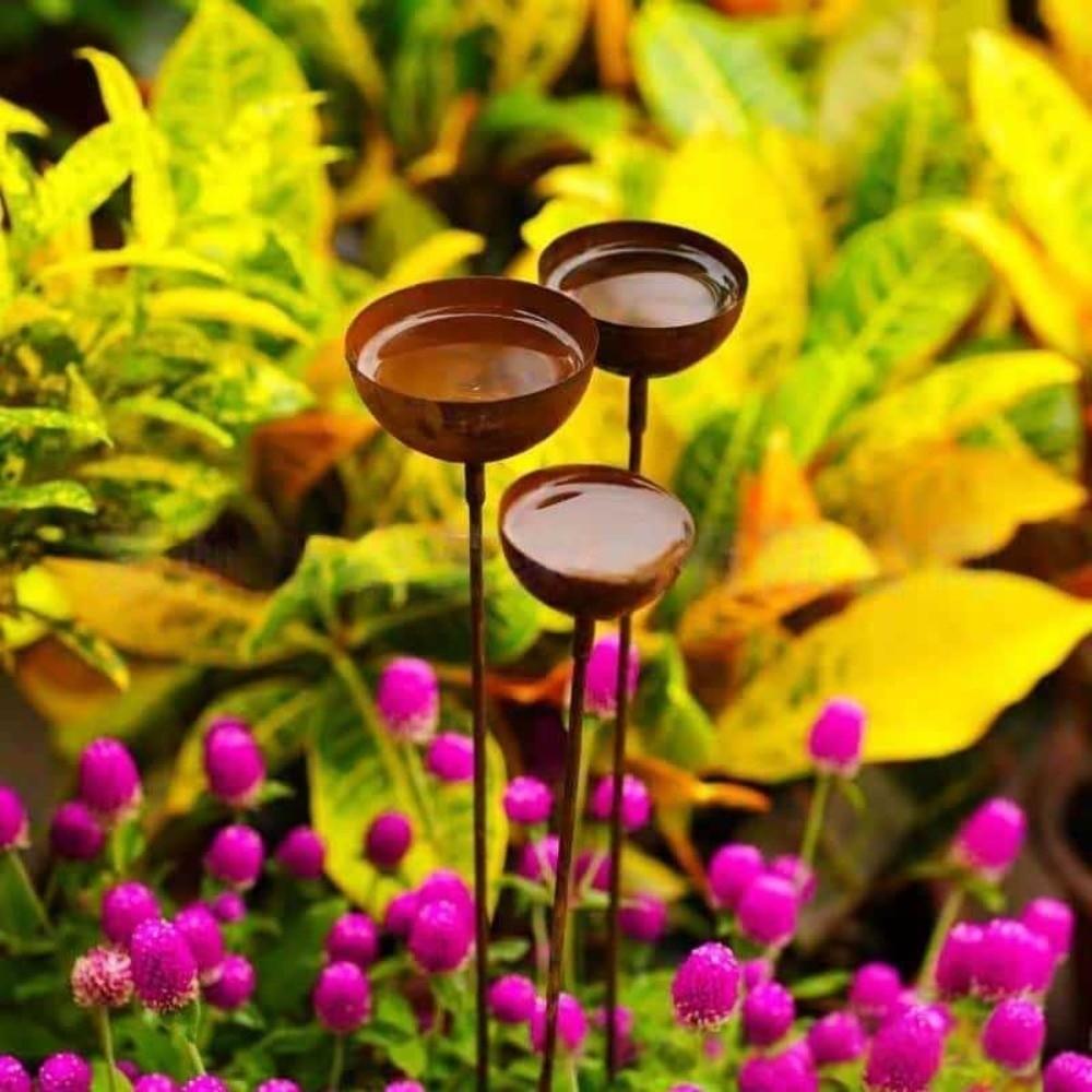 3-Tier Bowl Metal Bird Bath Long Stem Rusty Bird Feeder Retro Rain Catcher  Lawn Decor