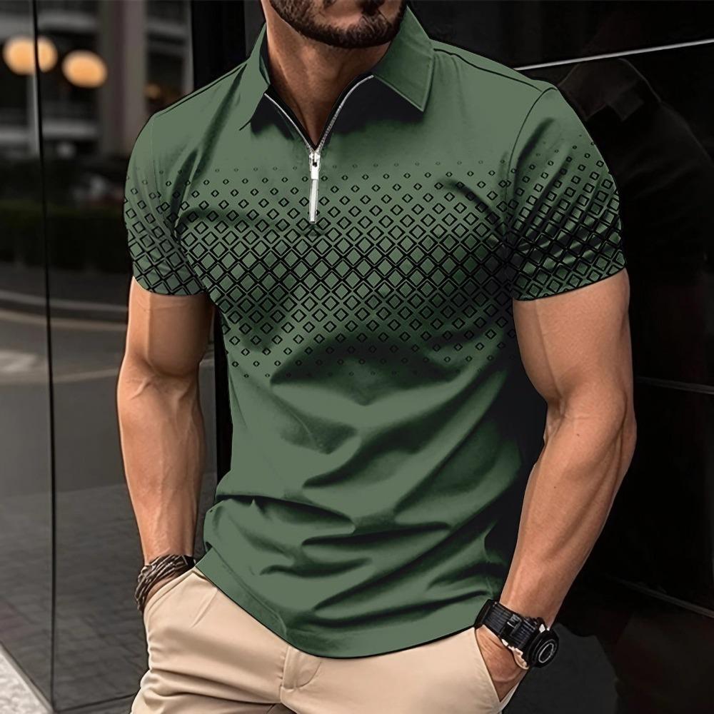 Summer New Men's Short Sleeved Lapel Polo Shirt Square Printed Zipper Casual