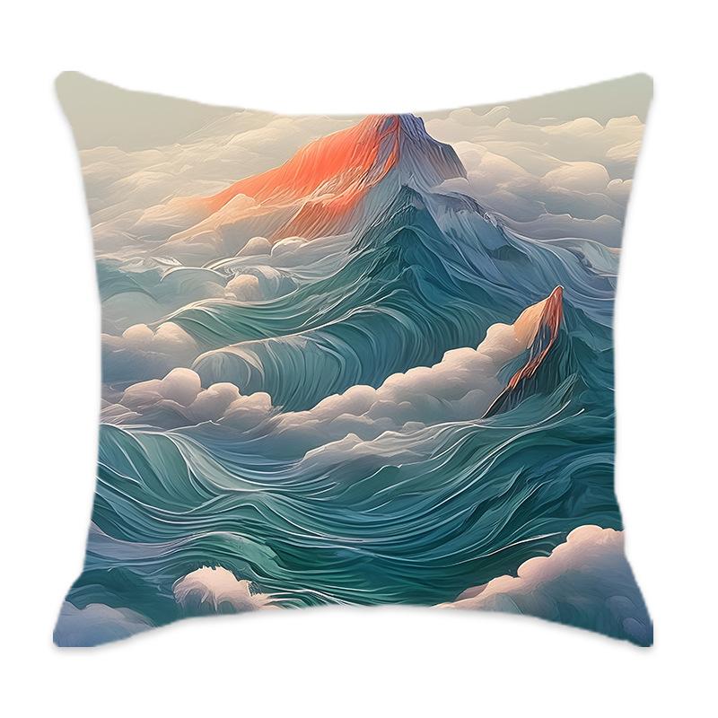 New Cyan Chinese Mountain Series Pillow, Comfortable and Soft Car Home Bedroom Bedside Pillow Cushion