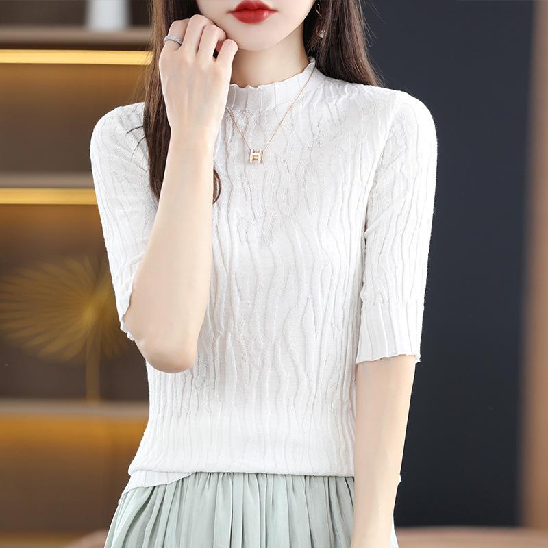 Women's Slim Fit Mid-Sleeve Knitted Shirt - Soft Half Turtleneck for Early Autumn 2024