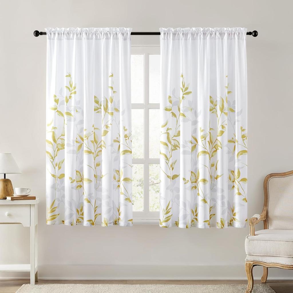 Green and White Privacy Sheer Curtains Length 2 Panels,Leaf Floral Printed Light Filtering Semi Sheer Window Curtains Drapes for
