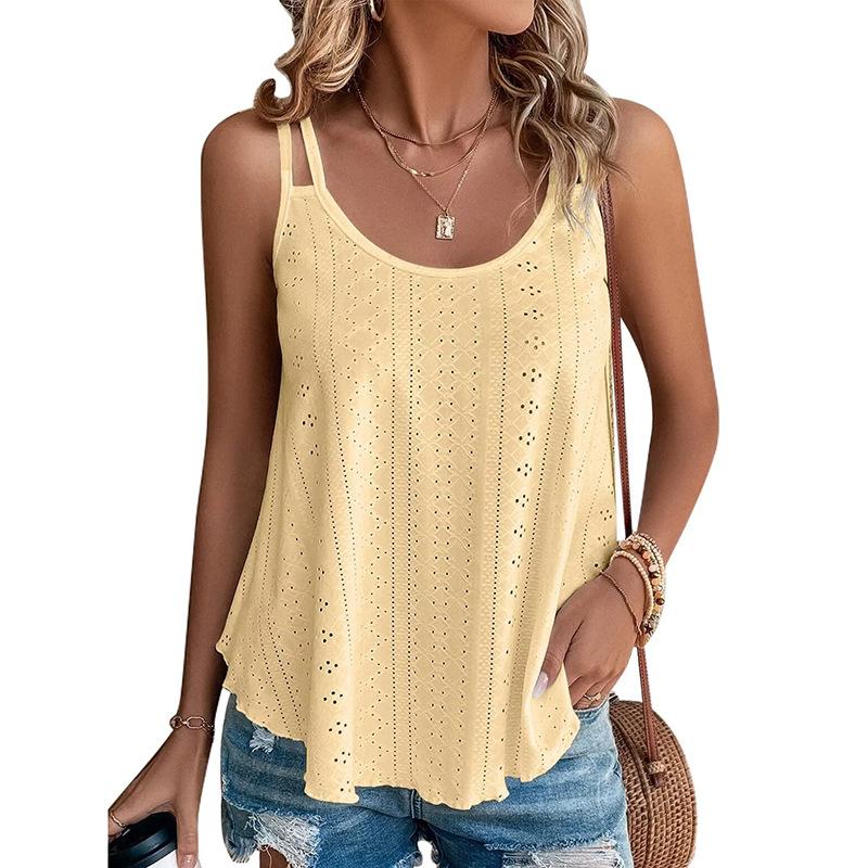 VEZFAA Women's Fashion Casual Summer Spring Solid Color Print Sleeveless U-Neck Blouses & Shirts