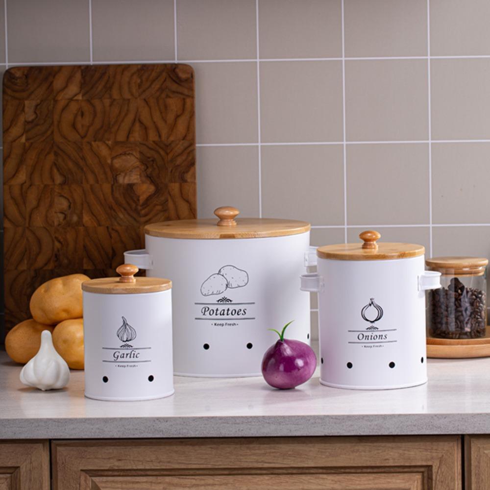 Carbon Steel Garlic Storage Bin with Lid Garlic Keeper Potato Storage Container Pantry