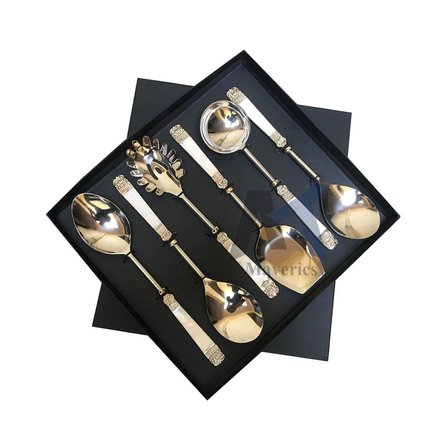 

Дизайнерский набор сервировочных ложек из нержавеющей стали из 6 штук - Дизайн из латуни и перламутра, Серебристый + Черный подарочный бокс - Идеально для обеда и кухни