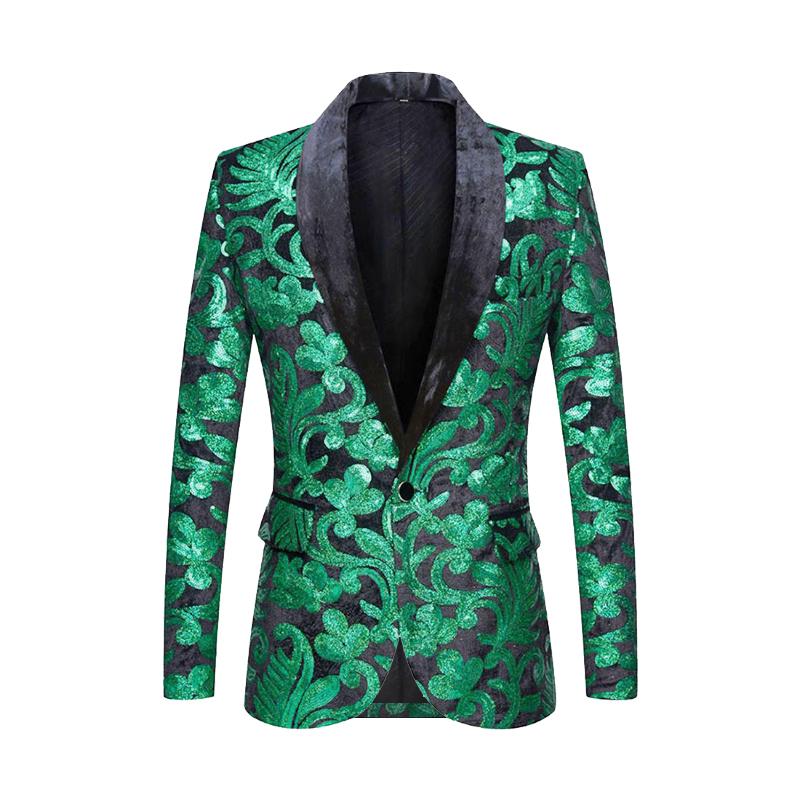 PYJTRL Mens Fashion Shiny Sequin Floral Pattern Suit Jacket Blazer