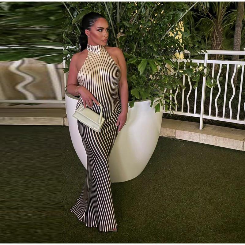 Elegantné dámske šaty Pruhované sexy slim fit šaty bez chrbta Úzke šnurovanie Župan bez rukávov Letné dámske elegantné spoločenské šaty