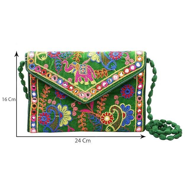 Clutch Bags for Women Jaipuri Rajasthani Handmade Embroidery Mirror Work Stylish Sling Bags for Women Cross Body Bags for Ladies and Girls - 22X16 Cm