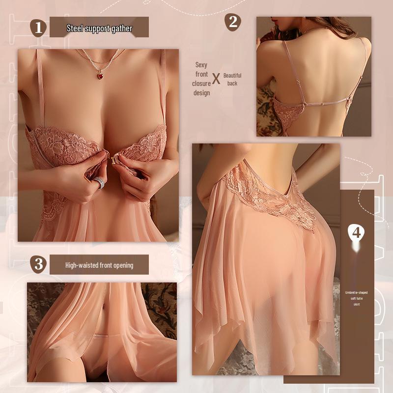 Elegant Lace Sheer Mesh Nightdress - Bust Enhancing, Plus Size, Thin Steel Ring, Sexy Summer Sling for Women