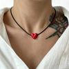 Moda Coreana Cavo Intrecciato Lungo Nero Ciondolo Cuore Rosso in Ceramica Collana per Donna Gioielli Minimalisti Eleganti Retro Y2K Regalo
